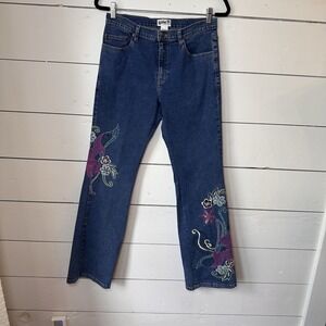 Y2K Floral Embroidered‎ Dark Wash Flare Jeans Sz 6 Bratz Festival Hippie Retro